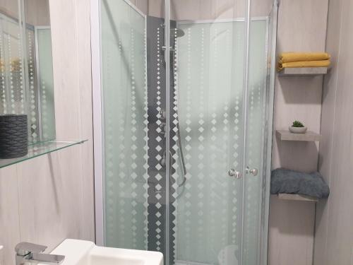 a shower with a glass door next to a sink at La Vieille Grange - NOUVEAU - in Saint-Privat-des-Prés