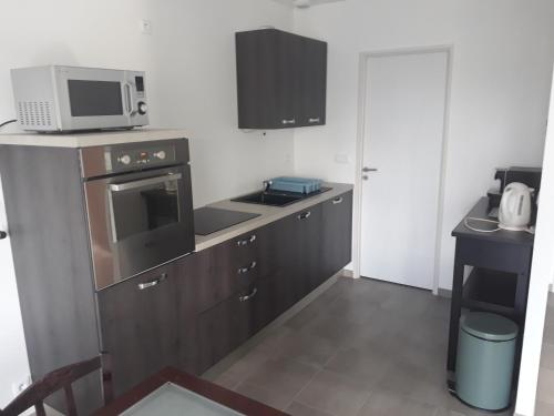 une petite cuisine avec un micro-ondes et une cuisinière dans l'établissement maison proche Bassin d'arcachon et Bordeaux, à Mios