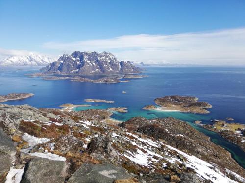 an aerial view of the islands in a body of water at Heimbrygga Restaurant & Accommodation in Skrova