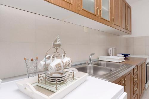 eine Küche mit einem Waschbecken und einem Geschirrregal mit Geschirr in der Unterkunft Apartments Mila in Tribunj