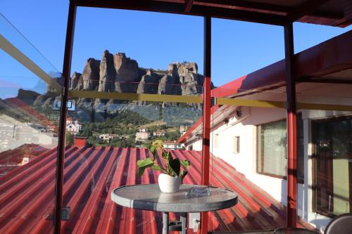 a table with a potted plant on top of a roof at Hotel Kosta Famissi in Kalabaka