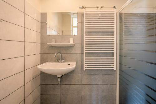 a bathroom with a sink and a mirror at Nieuwlanderweg 55 in De Waal