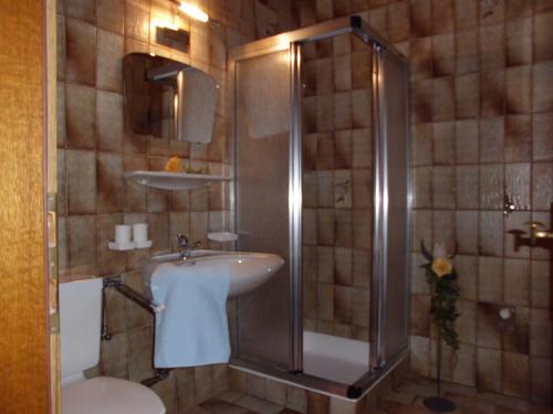a bathroom with a shower and a sink and a toilet at Ferienwohnungen Rahm in Mayrhofen