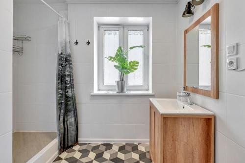 a bathroom with a sink and a potted plant at Apartament w Dolnym Sopocie w przyziemiu by Grand Apartments in Sopot