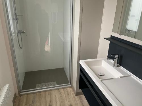 La salle de bains est pourvue d'une douche et d'un lavabo. dans l'établissement Mobilhome tout confort R10 domaine de lanniron, à Quimper