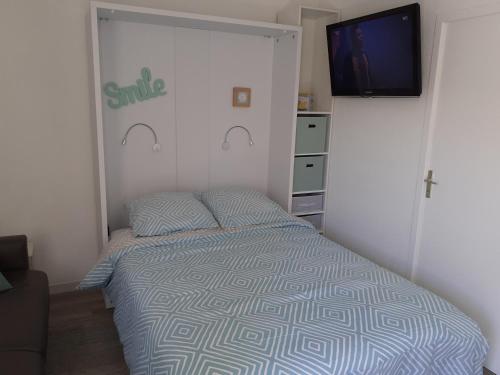 バンドールにあるLes Jardins du Port de Bandolの小さなベッドルーム(ベッド1台、薄型テレビ付)