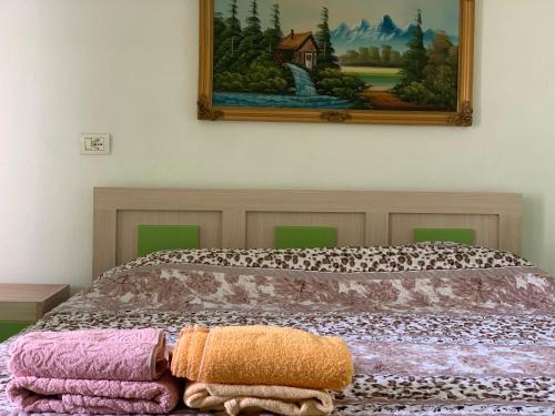 1 dormitorio con 1 cama con una pintura en la pared en Syzo Rooftop 360°, en Pogradec
