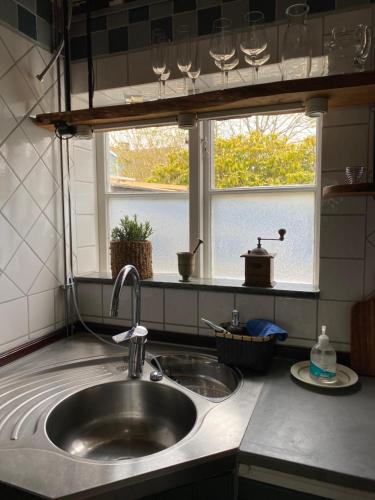 encimera de cocina con fregadero y ventana en B&B Bland ormbunkar och rosor, en Falkenberg