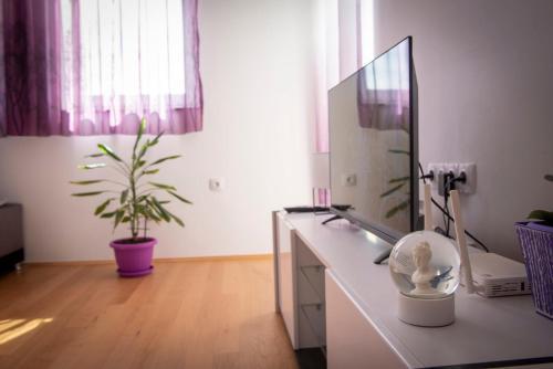 Zimmer mit einem Schreibtisch, einem Spiegel und einem Waschbecken in der Unterkunft Apartment Helena in Trebinje