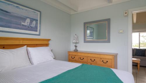 a bedroom with a bed and a mirror at Driftwood Resort on the Ocean in Montauk