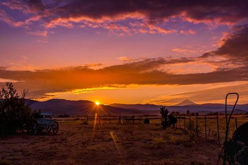 a sunset in a field with the sun in the sky at Maple Leaf Motel in Shady Cove