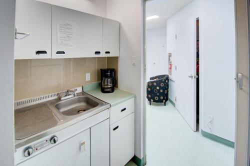 a small white kitchen with a sink and a counter at Les dortoirs de L'espace Globetrotter in Rimouski