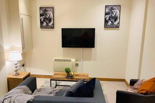 een woonkamer met een bank en een flatscreen-tv bij Executive Central Apartment in Sunderland