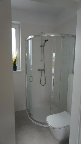 a white bathroom with a shower and a toilet at Apartament Osiedle Zielone in Chmielno