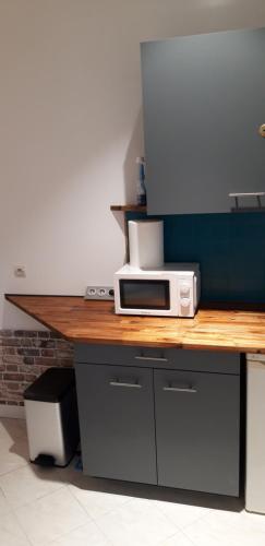 un micro-ondes posé sur un comptoir dans une cuisine dans l'établissement À 200m du Château 30 min du Circuit du Mans, au Lude