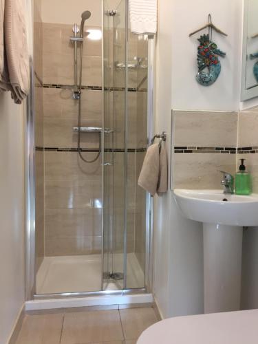 ein Bad mit einer Dusche und einem Waschbecken in der Unterkunft Laburnum B&B in Kenmare