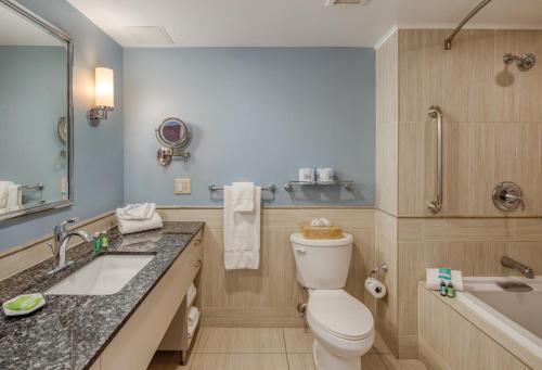 a bathroom with a toilet and a sink and a tub at Club Wyndham Inn on Long Wharf in Newport