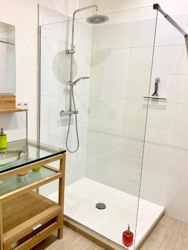 une douche avec une porte vitrée dans une salle de bain dans l'établissement Atelier des Vidaux, à Saint-Aunès