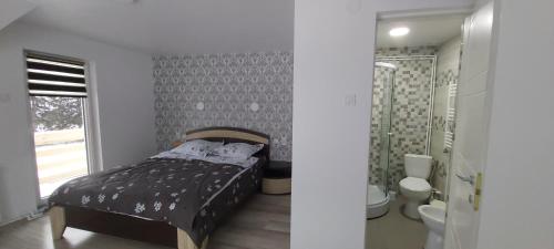 a bedroom with a bed and a bathroom with a shower at CASA LENA -VATRA DORNEI in Vatra Dornei