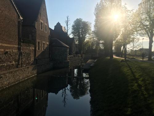 a river with the sun reflecting in the water at Le petit béguinage in Tongeren