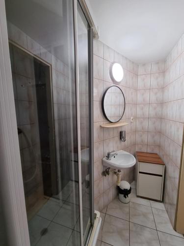 a bathroom with a shower and a sink at Karczma Regionalna Młyn -pokoje gościne in Zwierzyniec