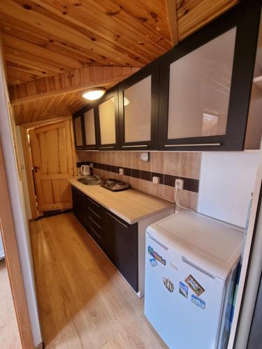 a kitchen with a white refrigerator and wooden ceilings at Karczma Regionalna Młyn -pokoje gościne in Zwierzyniec