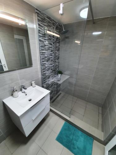 a bathroom with a white sink and a shower at Casa Pavel Jurilovca in Jurilovca