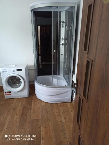 um chuveiro com uma porta de vidro ao lado de uma máquina de lavar roupa em Apartmanový dom Stummerova em Topoľčany