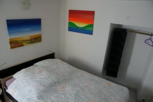 a bedroom with a bed and two paintings on the wall at Al Centrale di Piazzogna in Gambarogno