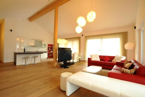 ein Wohnzimmer mit einem roten Sofa und einem TV in der Unterkunft Penthouse Alpine Living direkt an der Skipiste by Schladmingurlaub in Haus im Ennstal