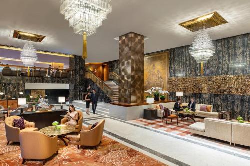 a rendering of the lobby of a hotel at Mandarin Oriental Hong Kong in Hong Kong