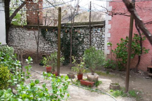 a garden with potted plants in front of a building at Aste Guesthouse in Tropojë