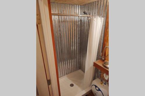 um chuveiro na casa de banho com uma cortina de chuveiro em Tiny Cabin at the DonkeyRanch em Medicine Park