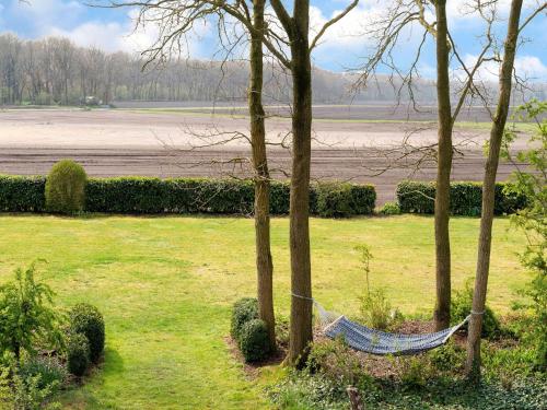 a hammock hanging between two trees in a field at Vacation home with Jacuzzi in Schoonloo