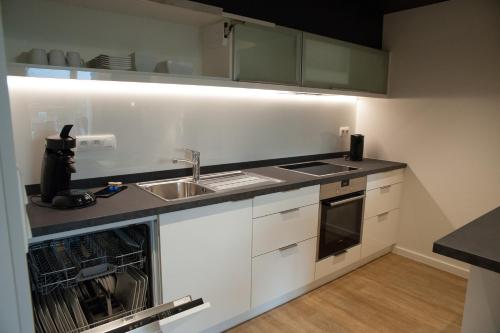 uma cozinha com armários brancos e um lavatório em Appart'hotel Urban Lodge em Chaudfontaine
