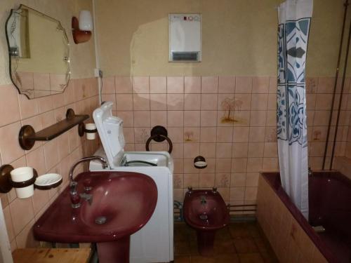 een badkamer met een rode wastafel en een toilet bij Gîte Fiefs, 3 pièces, 4 personnes - FR-1-376-47 in Fiefs