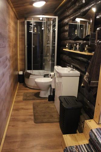 a bathroom with a toilet and a glass shower at Lauku māja Latgalē - ''Siguldas'' 