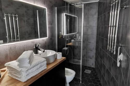 a bathroom with a sink and a toilet and a shower at Luxury apartment In the middle Of old Rauma in Rauma