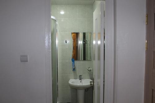 a small bathroom with a sink and a shower at Diligence Hotel & restaurant in Dilijan