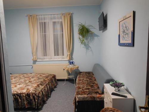 a hotel room with a bed and a window at Penzion Braun in Rybniště