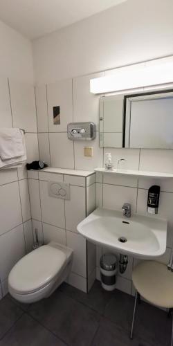 a white bathroom with a toilet and a sink at Zum Winzermännle in Würzburg