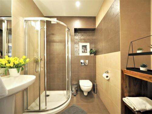 a bathroom with a shower and a toilet and a sink at VIP Apartamenty Stara Polana 2 in Zakopane