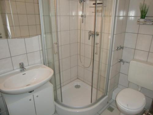 een badkamer met een douche, een wastafel en een toilet bij Schickeria in Goslar