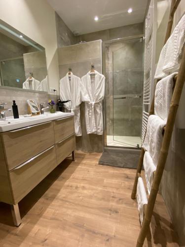 une salle de bain avec douche et lavabo dans l'établissement L’ARDOISIÈRE, maison d’hôtes et d’amis, à Locquirec