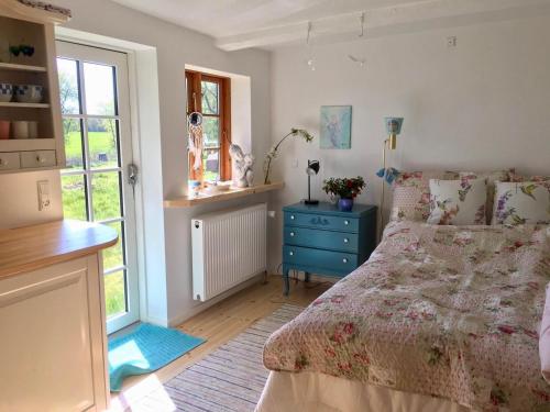 1 dormitorio con 1 cama y vestidor azul en Frejas Sal Apartments, en Tranekær