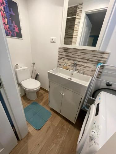 a bathroom with a sink and a toilet and a mirror at Studio Pod Room, free parking in Zadar