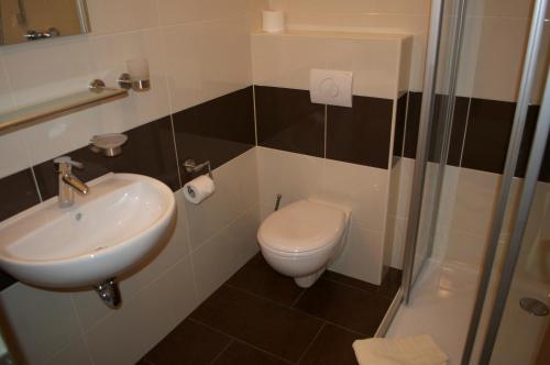a bathroom with a toilet and a sink and a shower at Gasthof & Pension Zum Himmel in Rubenow