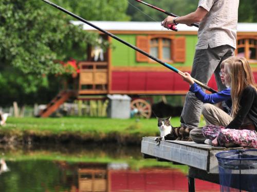 una donna che pesca con un gatto seduto su un molo di Les Roulottes de Troussures a Troussures