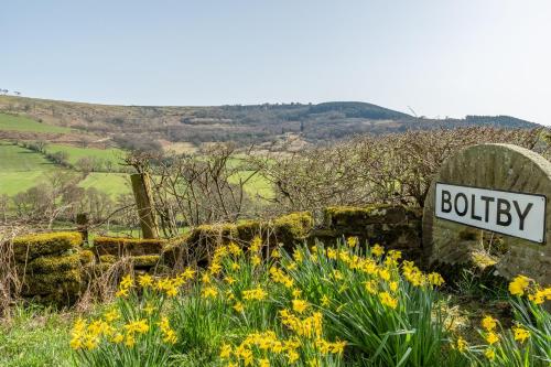 a sign that saysbury in a field of flowers at Five Acres in Thirsk
