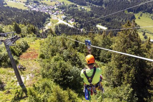 a person on a zip line in the mountains at Gîte avec terrasse et belle vue - ChaletNelda com in Lamoura
